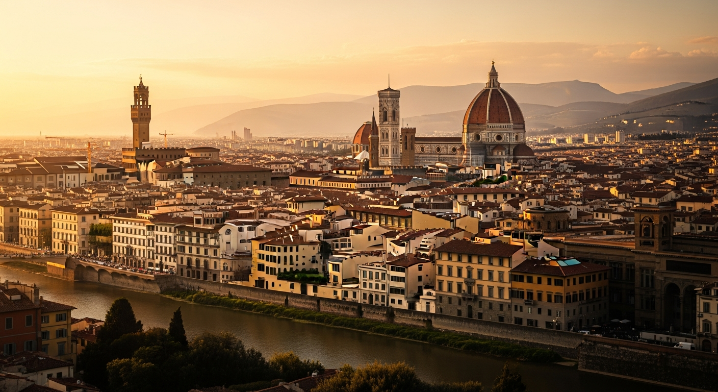 Florence terracotta rooftops at 7pm viewed from Piazzale Michelangelo, warm gold sunset light, Brunelleschi's dome centre-right