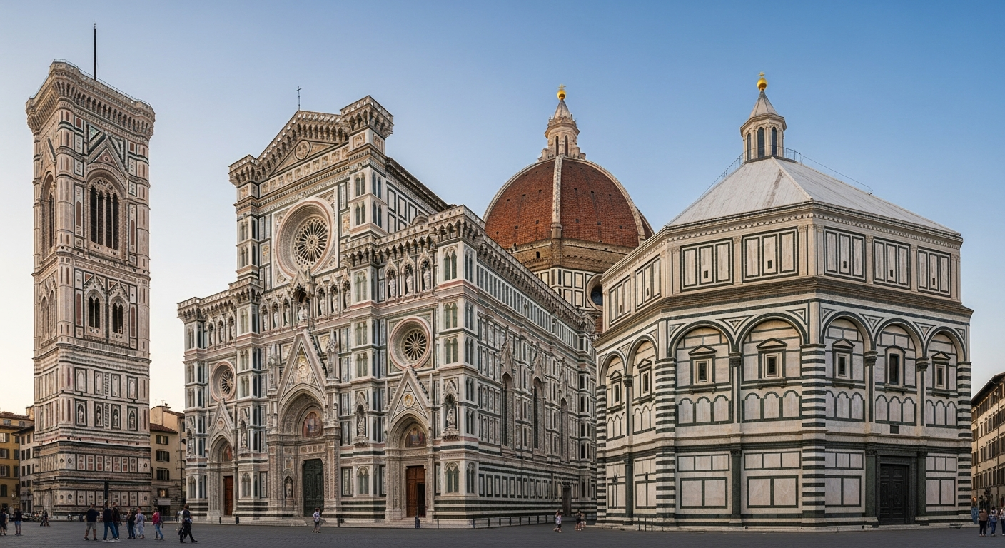 The Duomo facade at 7am, warm gold light on the white, green, and pink marble cladding