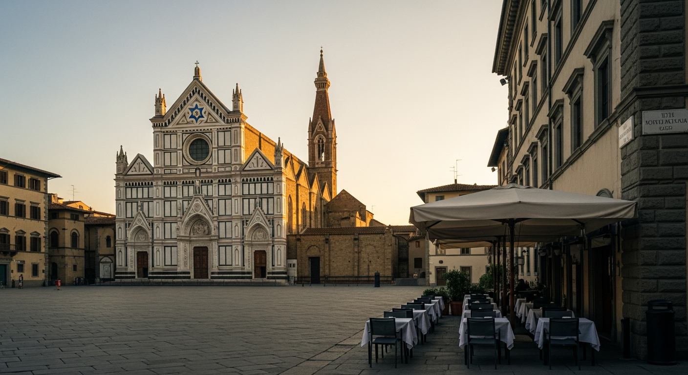 Piazza Santa Croce at 5pm with the basilica facade catching late light